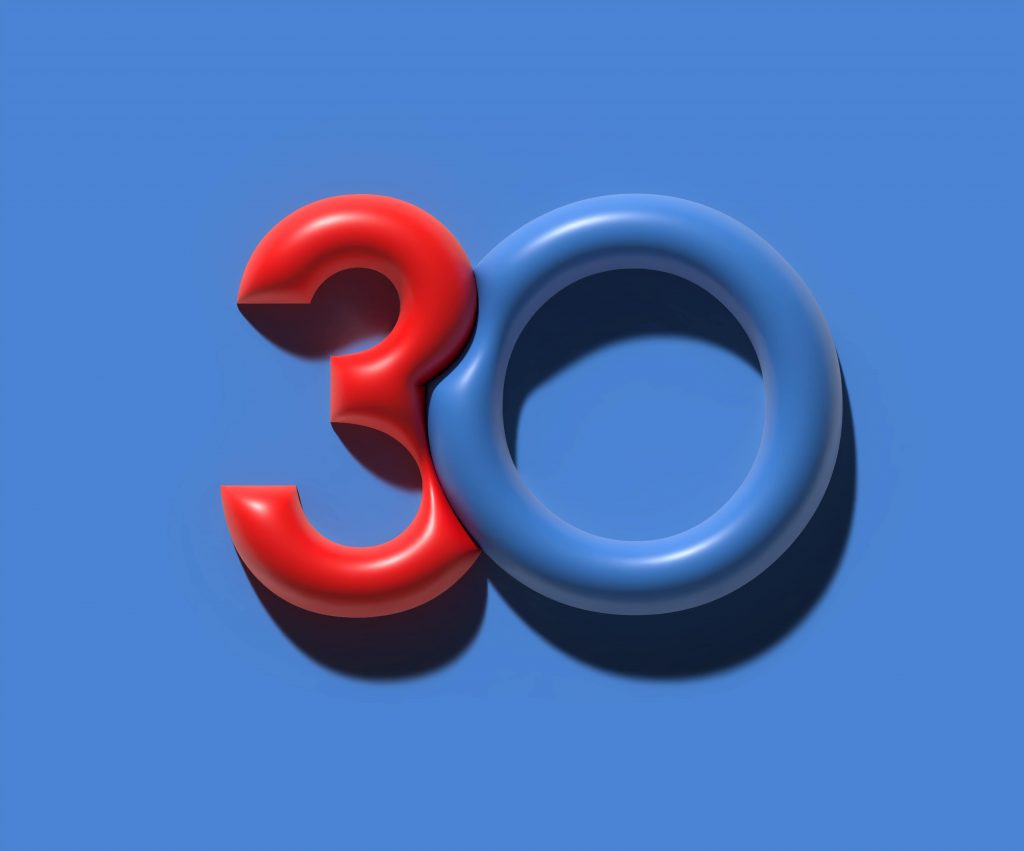 the number 30 written in numerical form with a colorful pattern