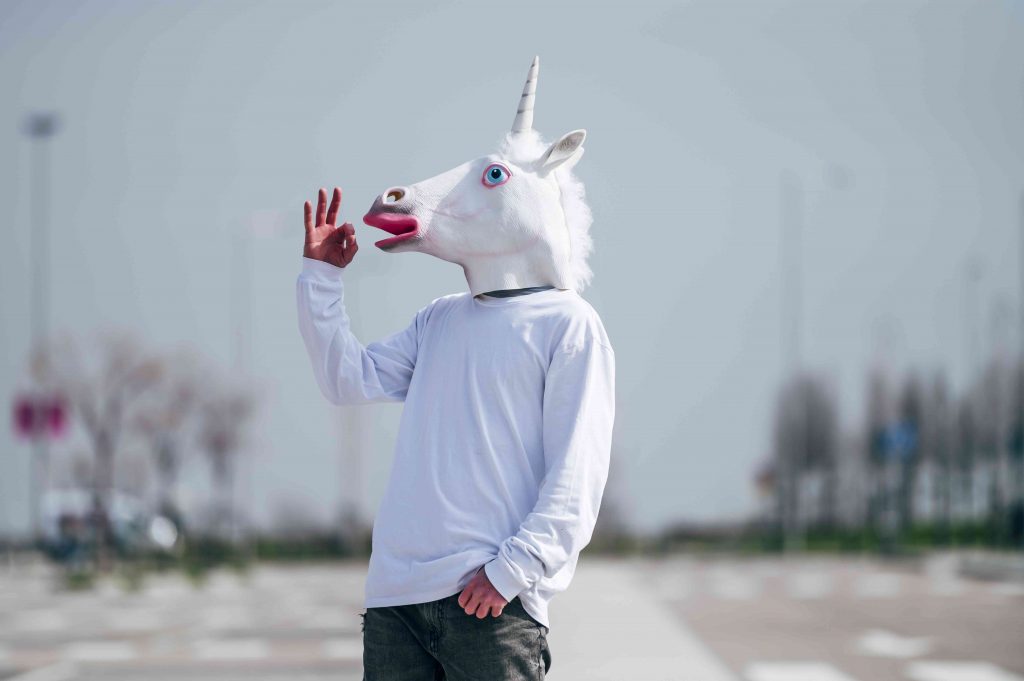 man wearing unicorn mask