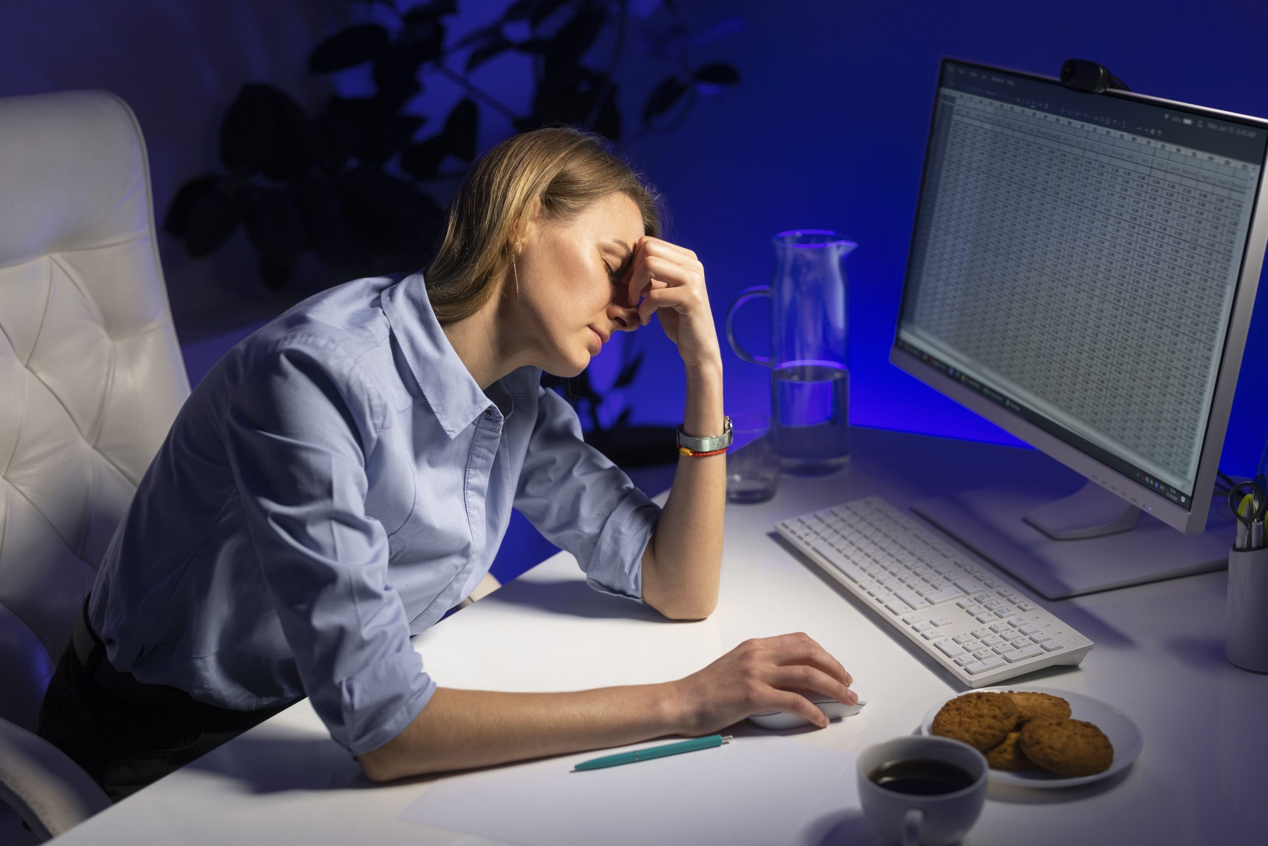 a person sitting at a desk with her head in her hand due to lack of sleep